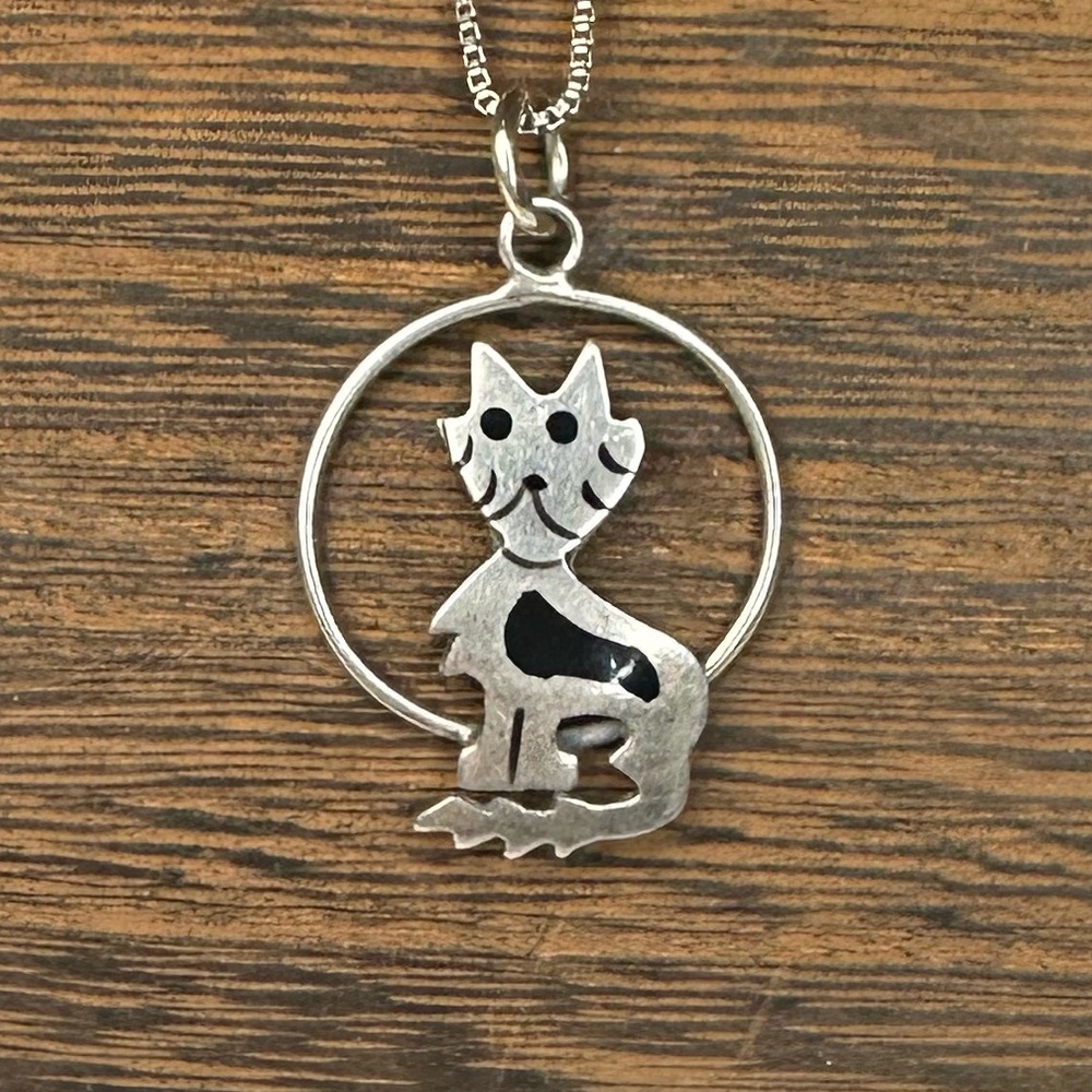 Vintage Sterling Silver 925 Mexico Taxco? Onyx Charming Cat‎ Necklace W/Chain